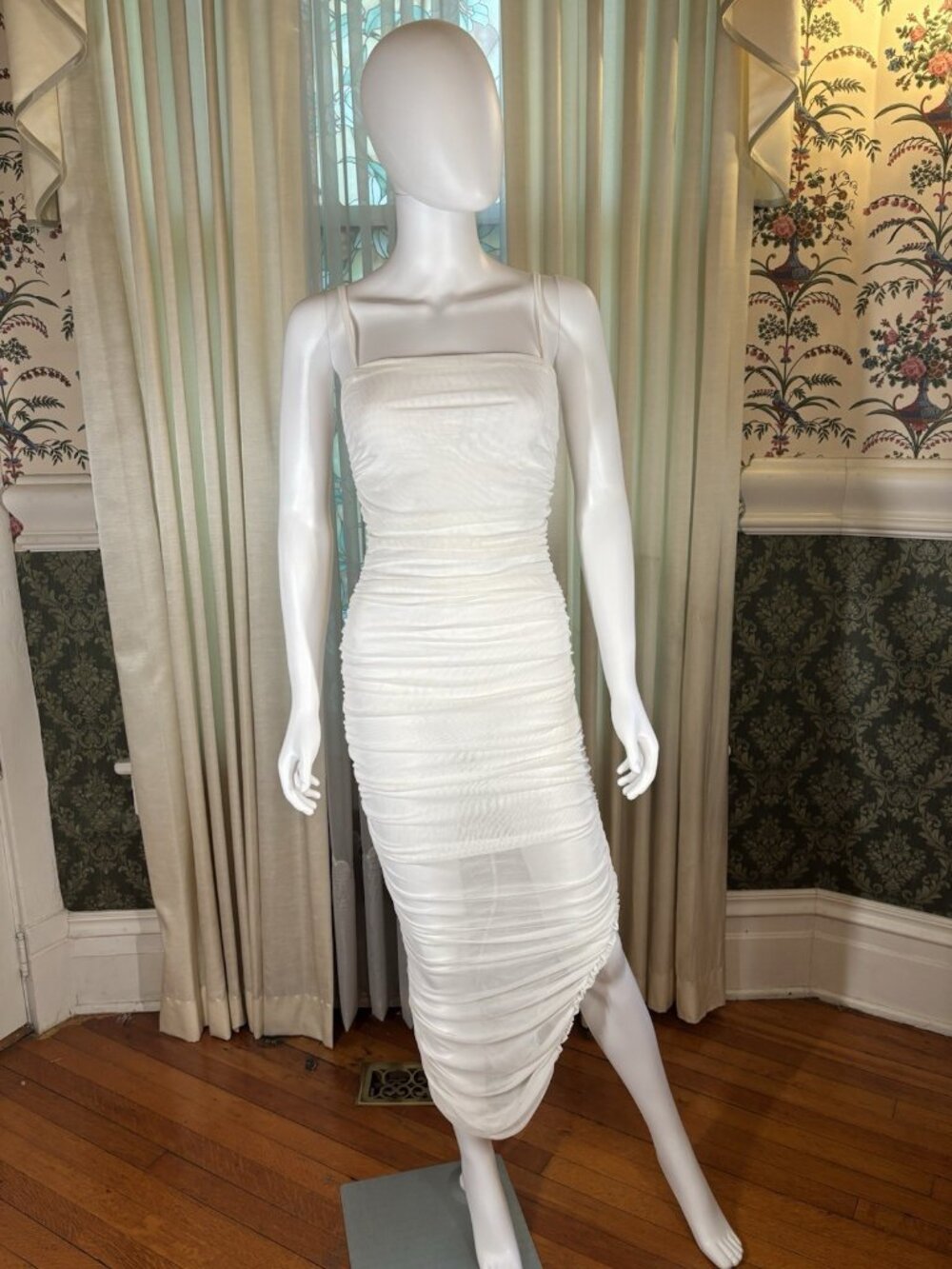 White Semi Sheer Mesh Bodycon Wiggle Maxi Dress Small Y2K 90s Bombshell Vixen